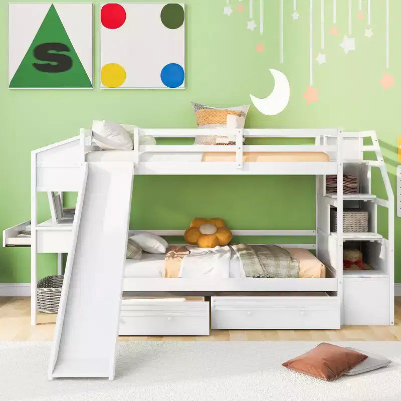 Letto a castello doppio con scivolo, scrivania, scala portaoggetti e cassetti per bambini