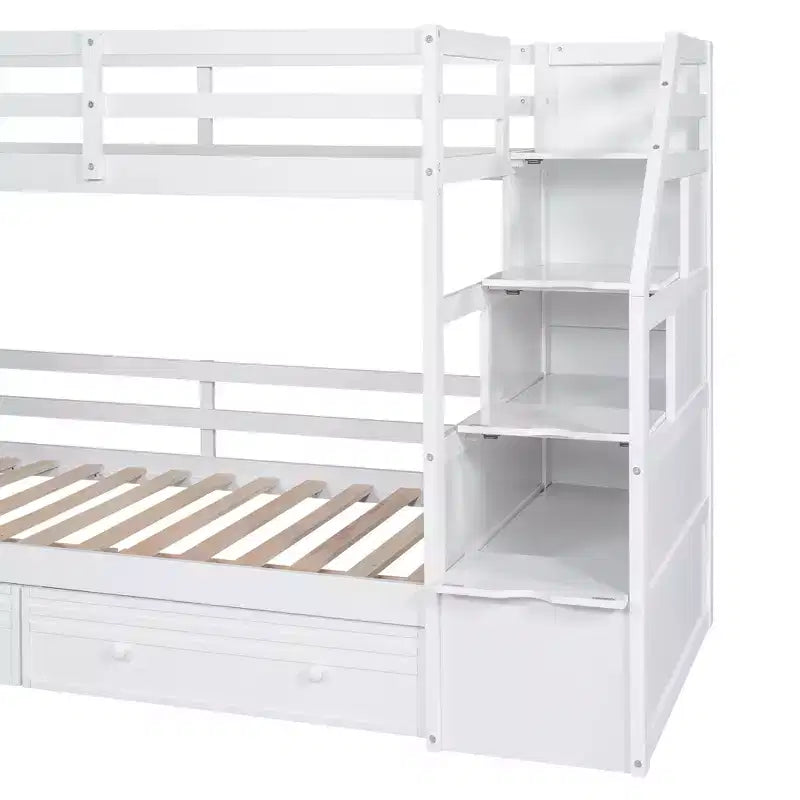 Letto a castello doppio con scivolo, scrivania, scala portaoggetti e cassetti per bambini
