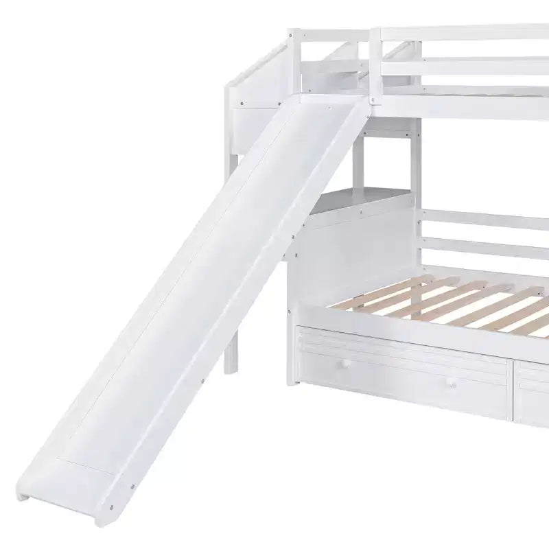 Letto a castello doppio con scivolo, scrivania, scala portaoggetti e cassetti per bambini