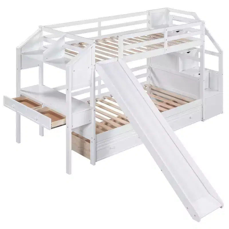 Letto a castello doppio con scivolo, scrivania, scala portaoggetti e cassetti per bambini
