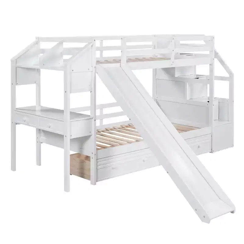 Letto a castello doppio con scivolo, scrivania, scala portaoggetti e cassetti per bambini