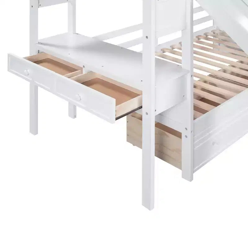 Letto a castello doppio con scivolo, scrivania, scala portaoggetti e cassetti per bambini