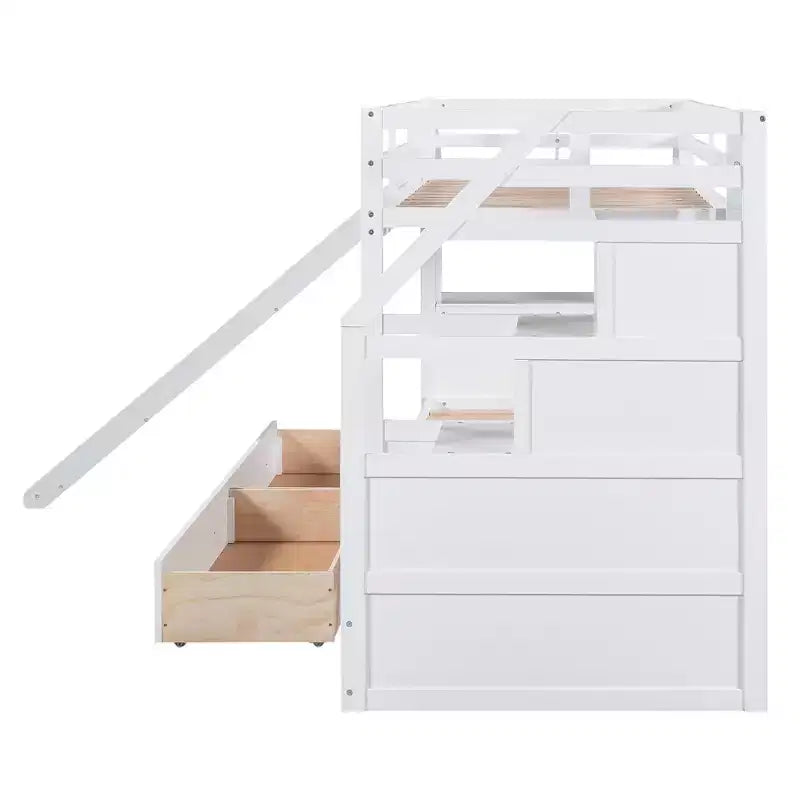 Letto a castello doppio con scivolo, scrivania, scala portaoggetti e cassetti per bambini