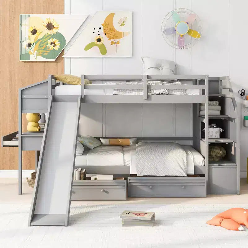 Letto a castello doppio con scivolo, scrivania, scala portaoggetti e cassetti per bambini