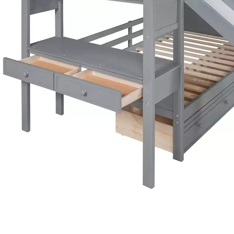 Letto a castello doppio con scivolo, scrivania, scala portaoggetti e cassetti per bambini