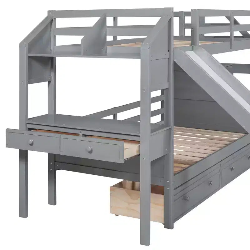 Letto a castello doppio con scivolo, scrivania, scala portaoggetti e cassetti per bambini