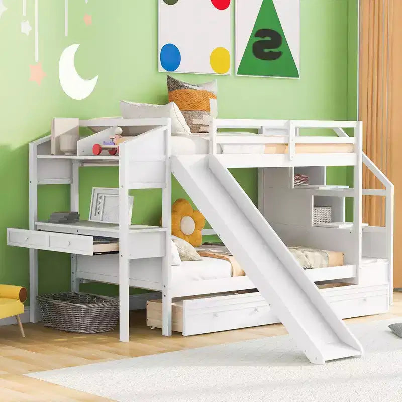 Letto a castello doppio con scivolo, scrivania, scala portaoggetti e cassetti per bambini