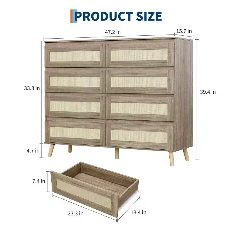 GustoWave 8-Drawer Rattan Dresser Natural Finish Wooden Storage Cabinet for Bedroom Nursery Living Room Entryway