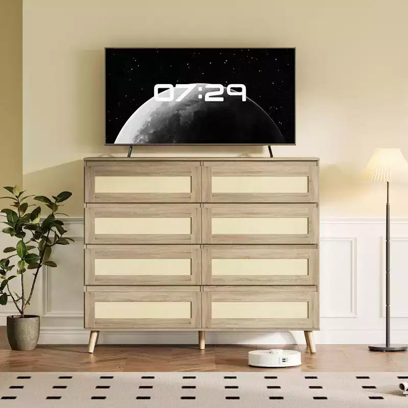 GustoWave 8-Drawer Rattan Dresser Natural Finish Wooden Storage Cabinet for Bedroom Nursery Living Room Entryway