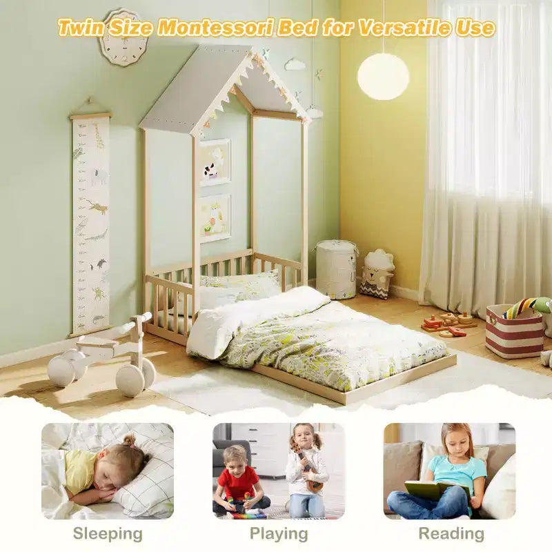 Costway Twin Size House Bed Montessori Floor Bed with House Shape Roof & Semi-Fence Natural/White/Gray