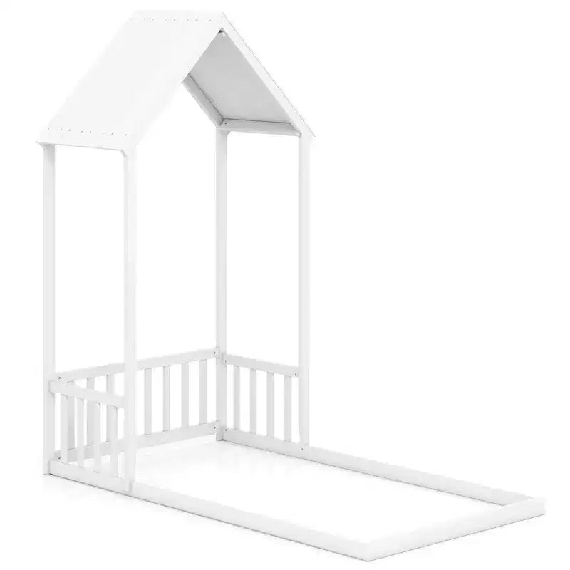 Costway Twin Size House Bed Montessori Floor Bed with House Shape Roof & Semi-Fence Natural/White/Gray