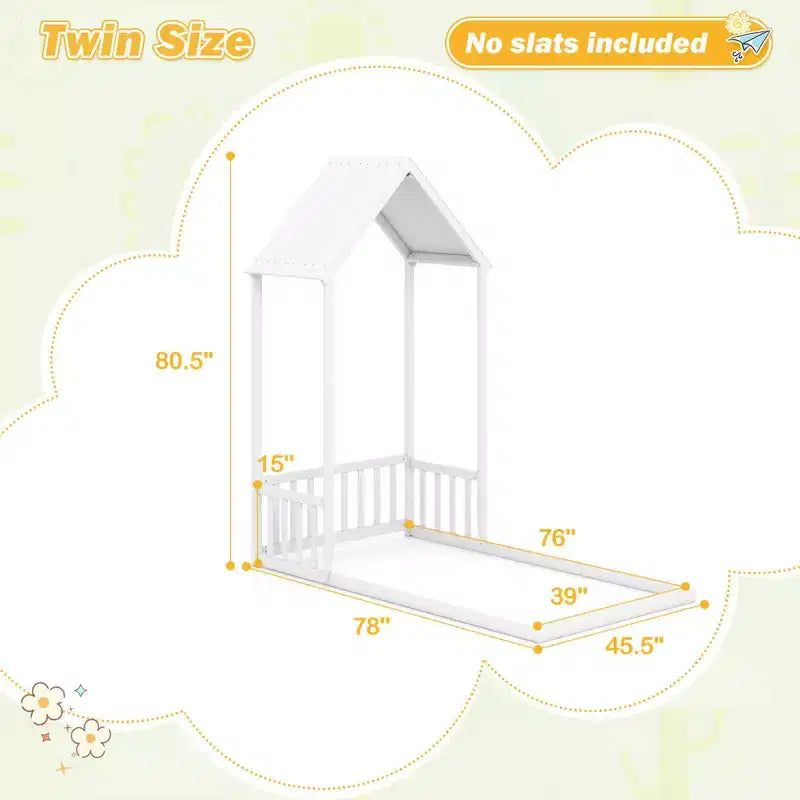 Costway Twin Size House Bed Montessori Floor Bed with House Shape Roof & Semi-Fence Natural/White/Gray