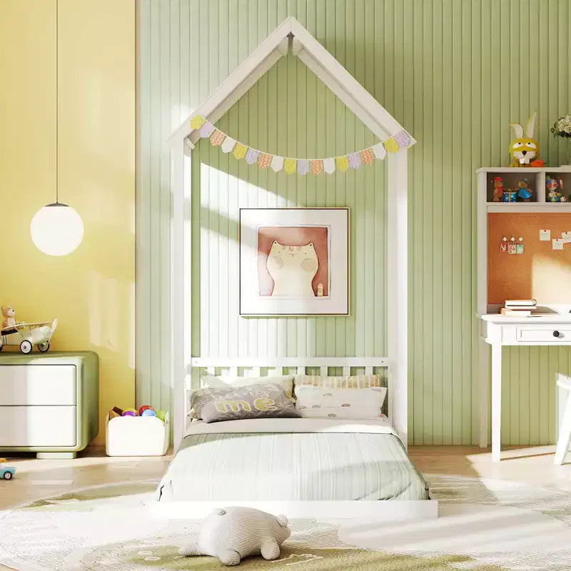 Costway Twin Size House Bed Montessori Floor Bed with House Shape Roof & Semi-Fence Natural/White/Gray