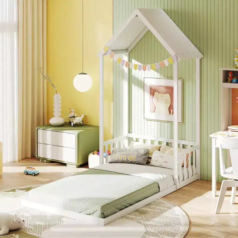 Costway Twin Size House Bed Montessori Floor Bed with House Shape Roof & Semi-Fence Natural/White/Gray