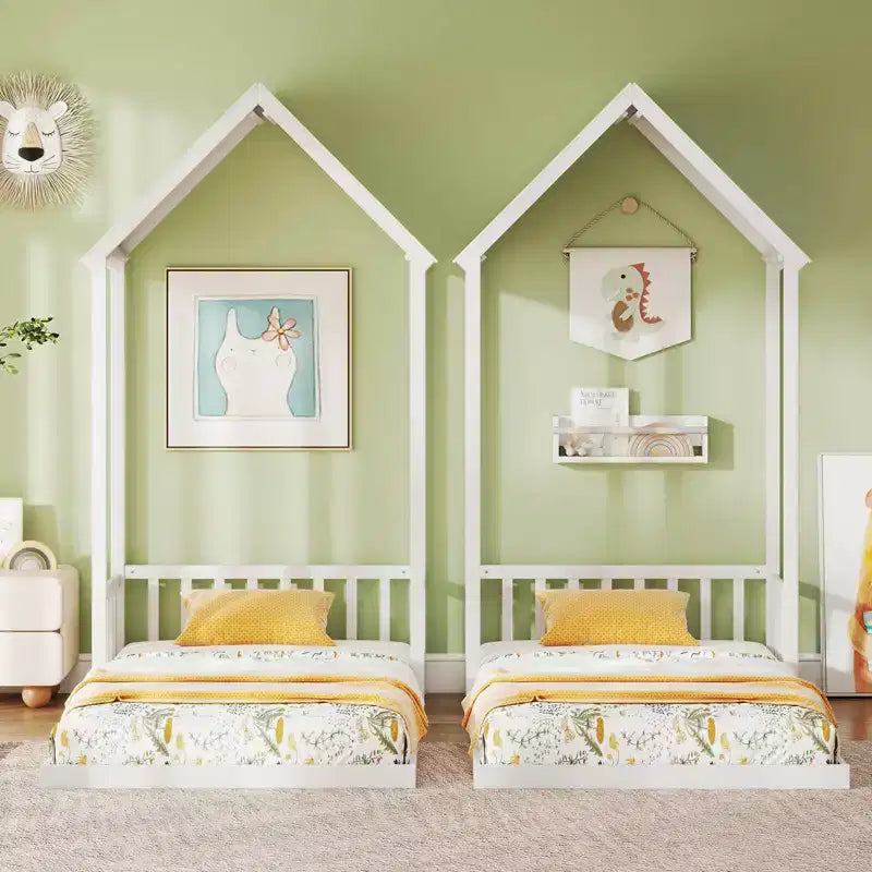Costway Twin Size House Bed Montessori Floor Bed with House Shape Roof & Semi-Fence Natural/White/Gray