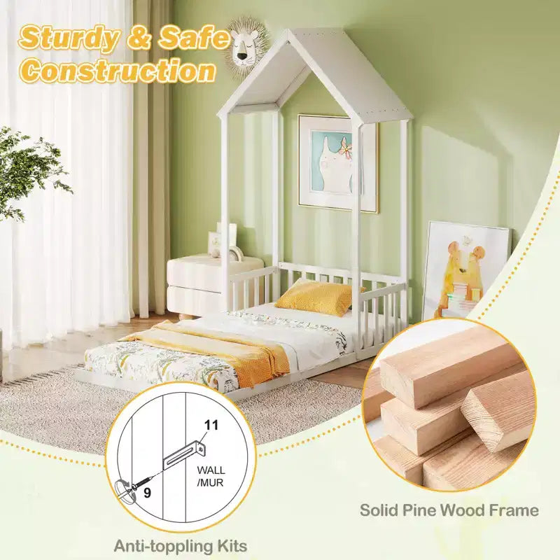 Costway Twin Size House Bed Montessori Floor Bed with House Shape Roof & Semi-Fence Natural/White/Gray