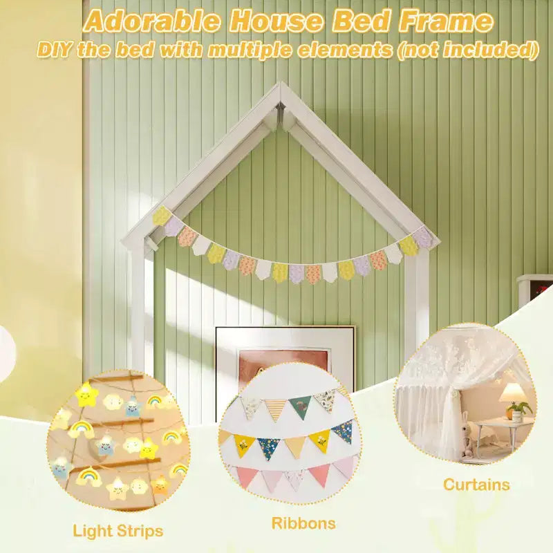 Costway Twin Size House Bed Montessori Floor Bed with House Shape Roof & Semi-Fence Natural/White/Gray