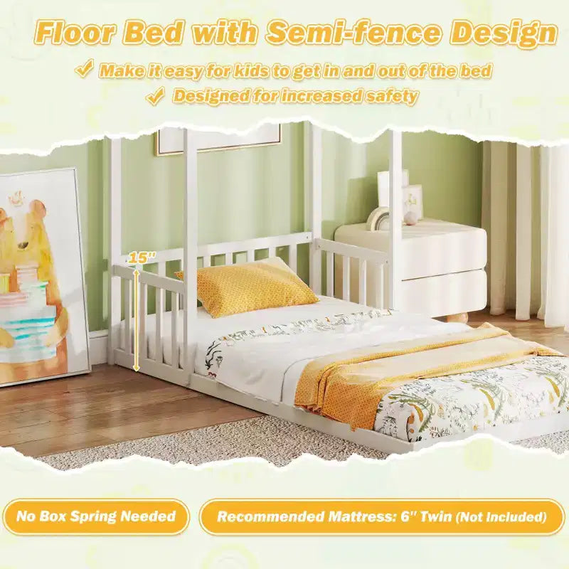 Costway Twin Size House Bed Montessori Floor Bed with House Shape Roof & Semi-Fence Natural/White/Gray
