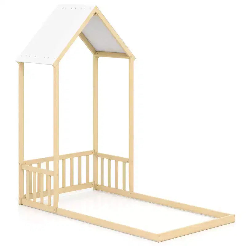 Costway Twin Size House Bed Montessori Floor Bed with House Shape Roof & Semi-Fence Natural/White/Gray