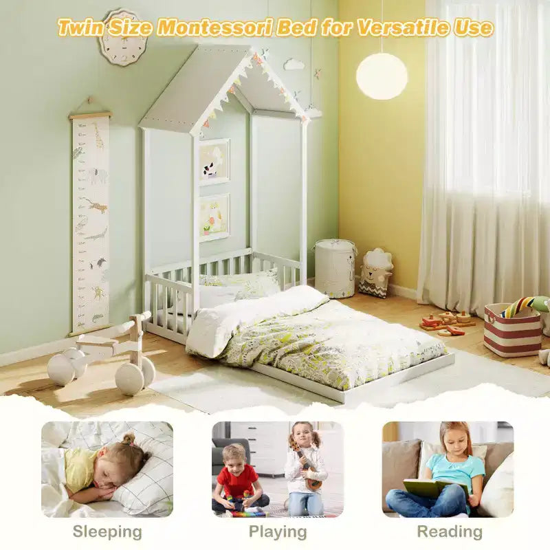Costway Twin Size House Bed Montessori Floor Bed with House Shape Roof & Semi-Fence Natural/White/Gray