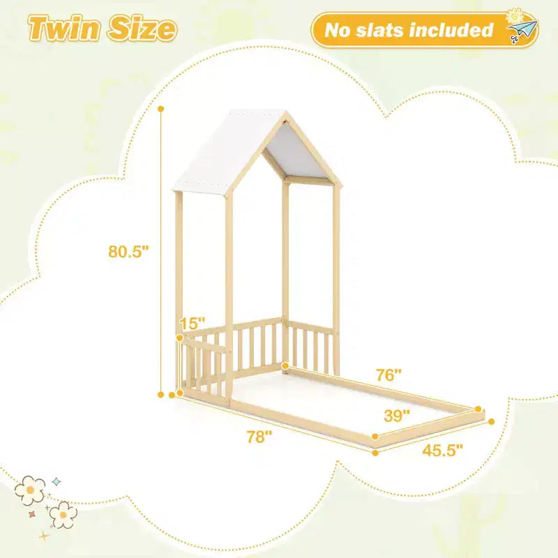 Costway Twin Size House Bed Montessori Floor Bed with House Shape Roof & Semi-Fence Natural/White/Gray