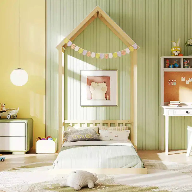 Costway Twin Size House Bed Montessori Floor Bed with House Shape Roof & Semi-Fence Natural/White/Gray
