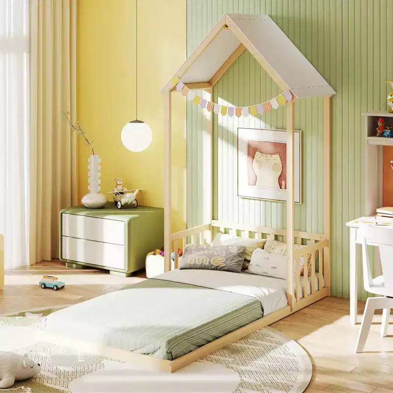 Costway Twin Size House Bed Montessori Floor Bed with House Shape Roof & Semi-Fence Natural/White/Gray