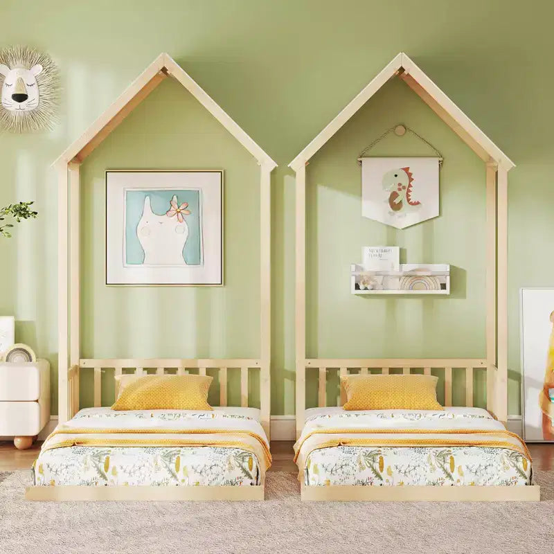 Costway Twin Size House Bed Montessori Floor Bed with House Shape Roof & Semi-Fence Natural/White/Gray