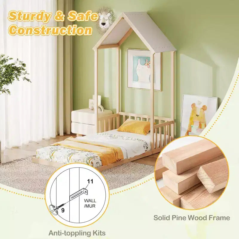 Costway Twin Size House Bed Montessori Floor Bed with House Shape Roof & Semi-Fence Natural/White/Gray