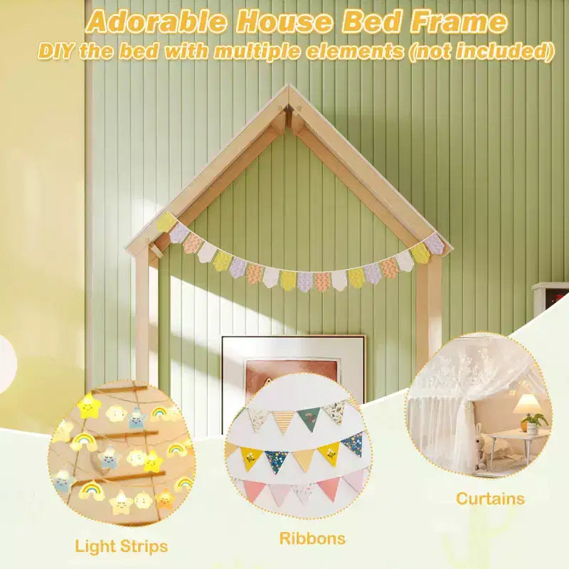 Costway Twin Size House Bed Montessori Floor Bed with House Shape Roof & Semi-Fence Natural/White/Gray