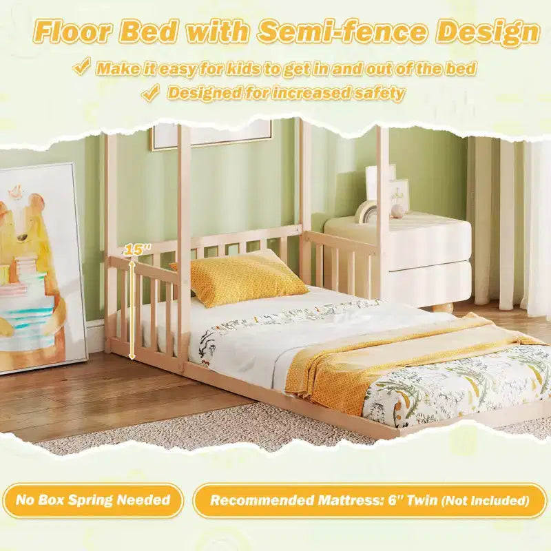 Costway Twin Size House Bed Montessori Floor Bed with House Shape Roof & Semi-Fence Natural/White/Gray