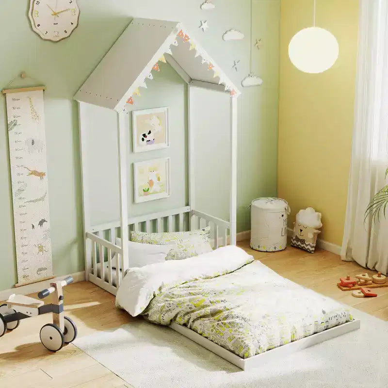 Costway Twin Size House Bed Montessori Floor Bed with House Shape Roof & Semi-Fence Natural/White/Gray