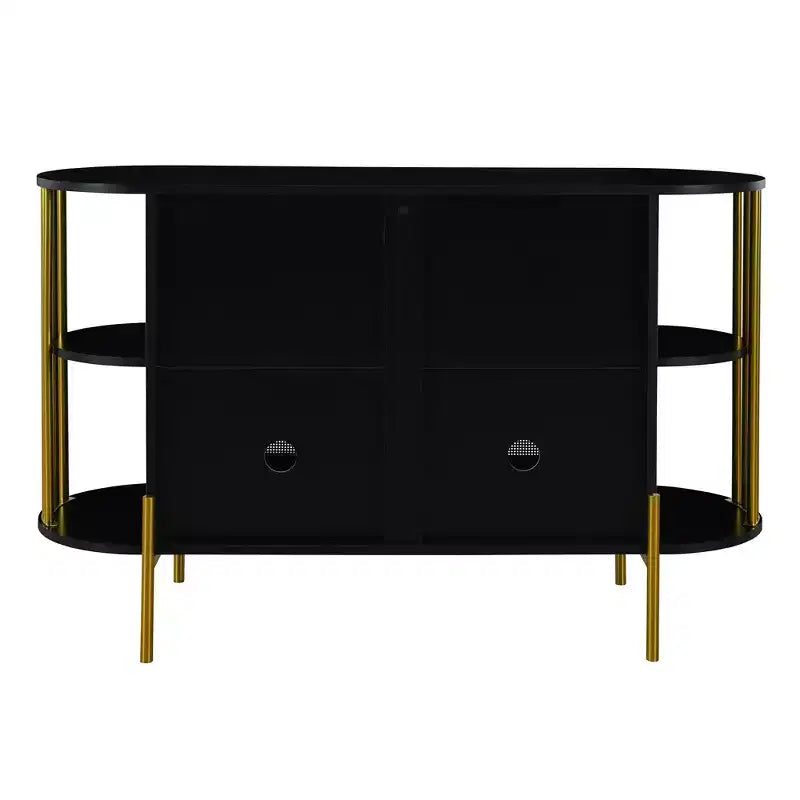 Hostack 2-Door Curved Sideboard Cabinet with Gold Trim and Woven Door Buffet Storage for Dining&Living Room, Black