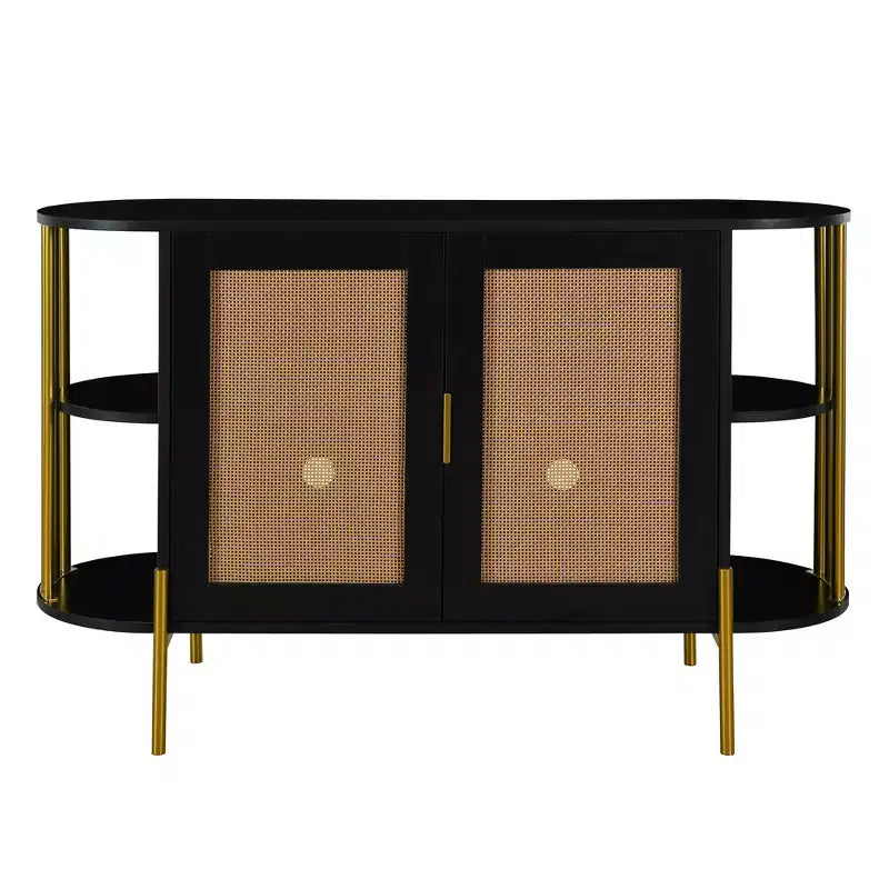 Hostack 2-Door Curved Sideboard Cabinet with Gold Trim and Woven Door Buffet Storage for Dining&Living Room, Black