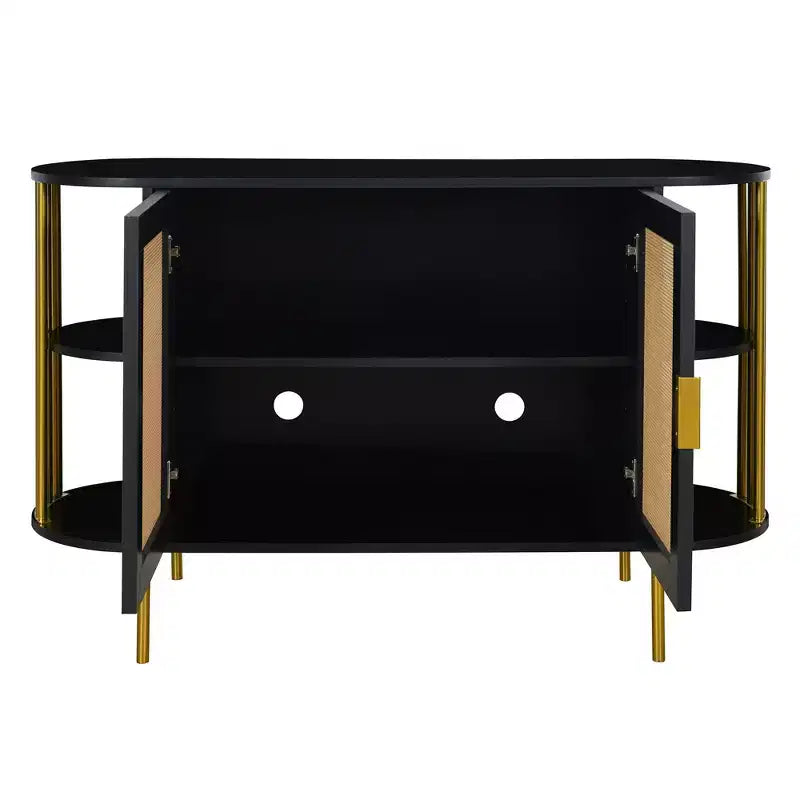 Hostack 2-Door Curved Sideboard Cabinet with Gold Trim and Woven Door Buffet Storage for Dining&Living Room, Black