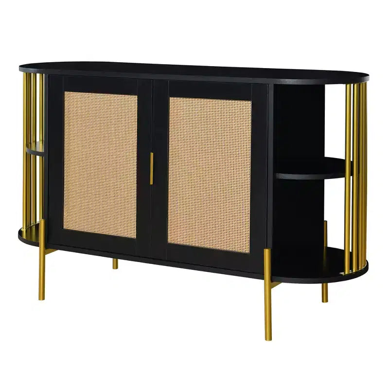 Hostack 2-Door Curved Sideboard Cabinet with Gold Trim and Woven Door Buffet Storage for Dining&Living Room, Black
