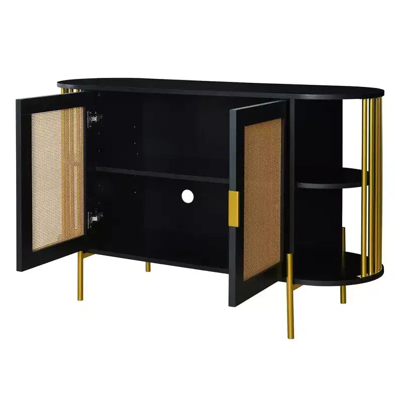 Hostack 2-Door Curved Sideboard Cabinet with Gold Trim and Woven Door Buffet Storage for Dining&Living Room, Black
