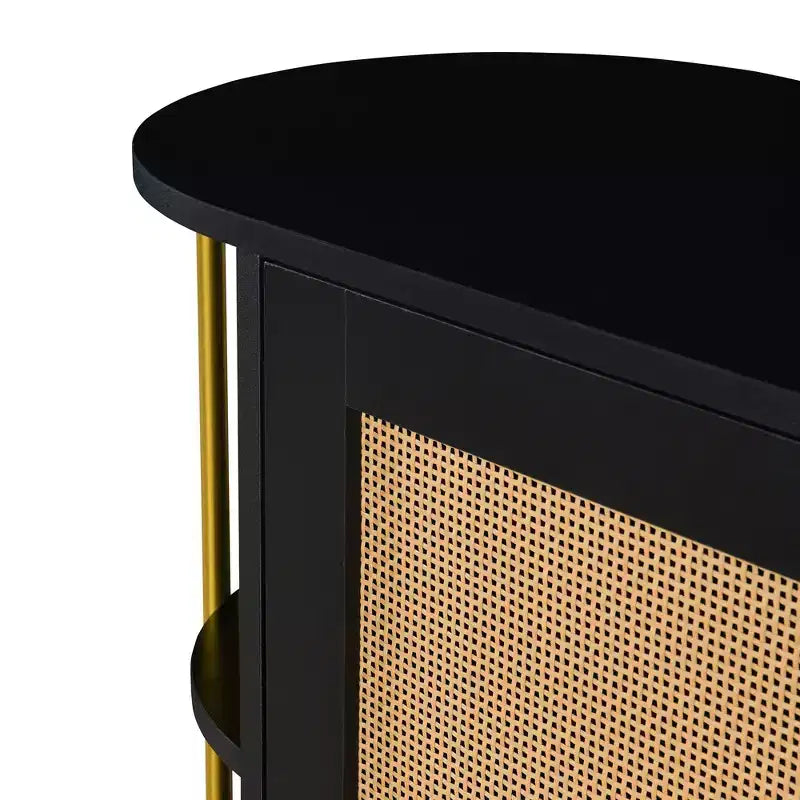 Hostack 2-Door Curved Sideboard Cabinet with Gold Trim and Woven Door Buffet Storage for Dining&Living Room, Black