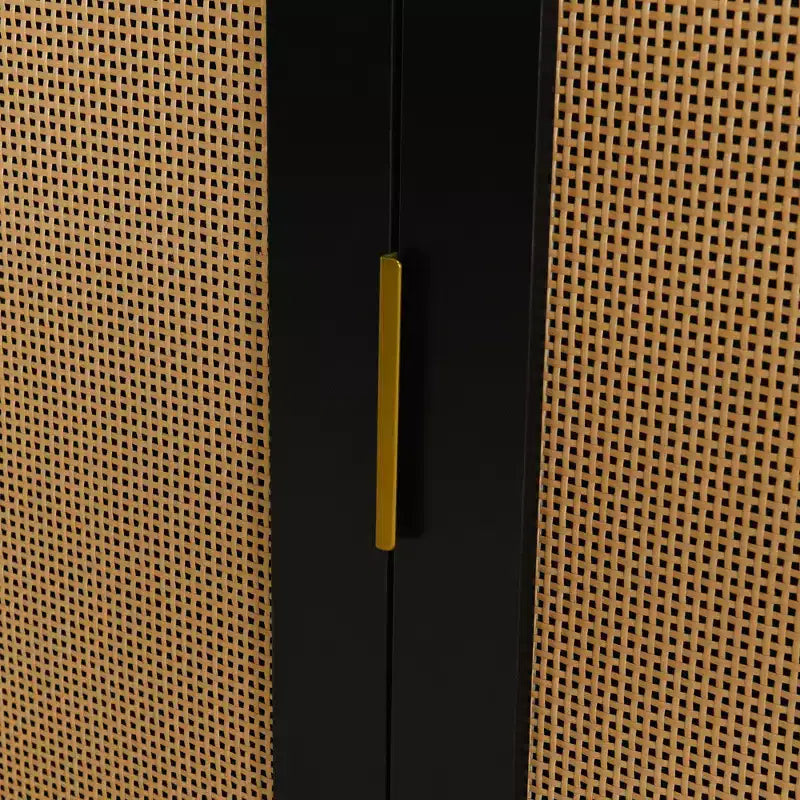 Hostack 2-Door Curved Sideboard Cabinet with Gold Trim and Woven Door Buffet Storage for Dining&Living Room, Black