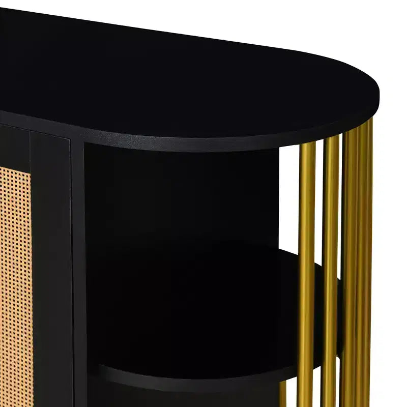 Hostack 2-Door Curved Sideboard Cabinet with Gold Trim and Woven Door Buffet Storage for Dining&Living Room, Black