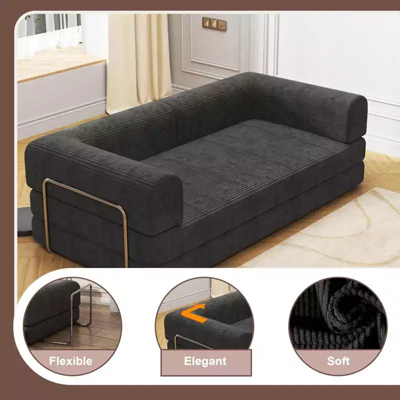 Divano Letto Trasformabile, Divanetto a Due Posti in Velluto a Coste da 198 cm, Materasso Pieghevole