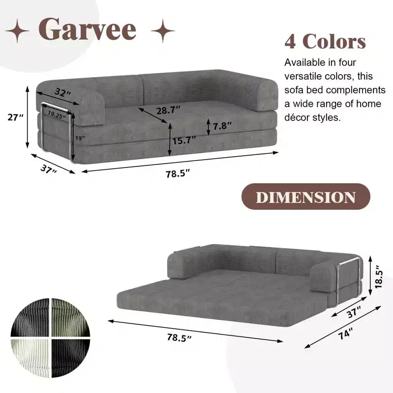 Divano Letto Trasformabile, Divanetto a Due Posti in Velluto a Coste da 198 cm, Materasso Pieghevole