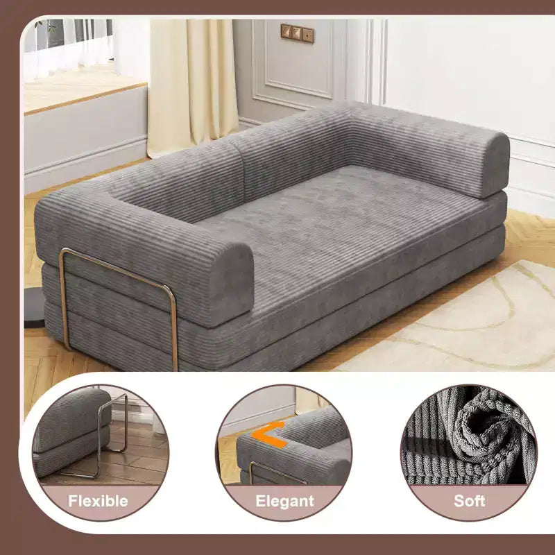 Divano Letto Trasformabile, Divanetto a Due Posti in Velluto a Coste da 198 cm, Materasso Pieghevole