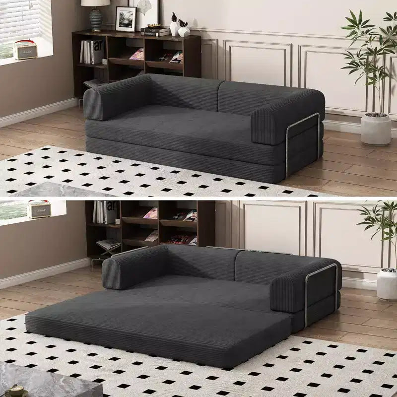 Divano Letto Trasformabile, Divanetto a Due Posti in Velluto a Coste da 198 cm, Materasso Pieghevole