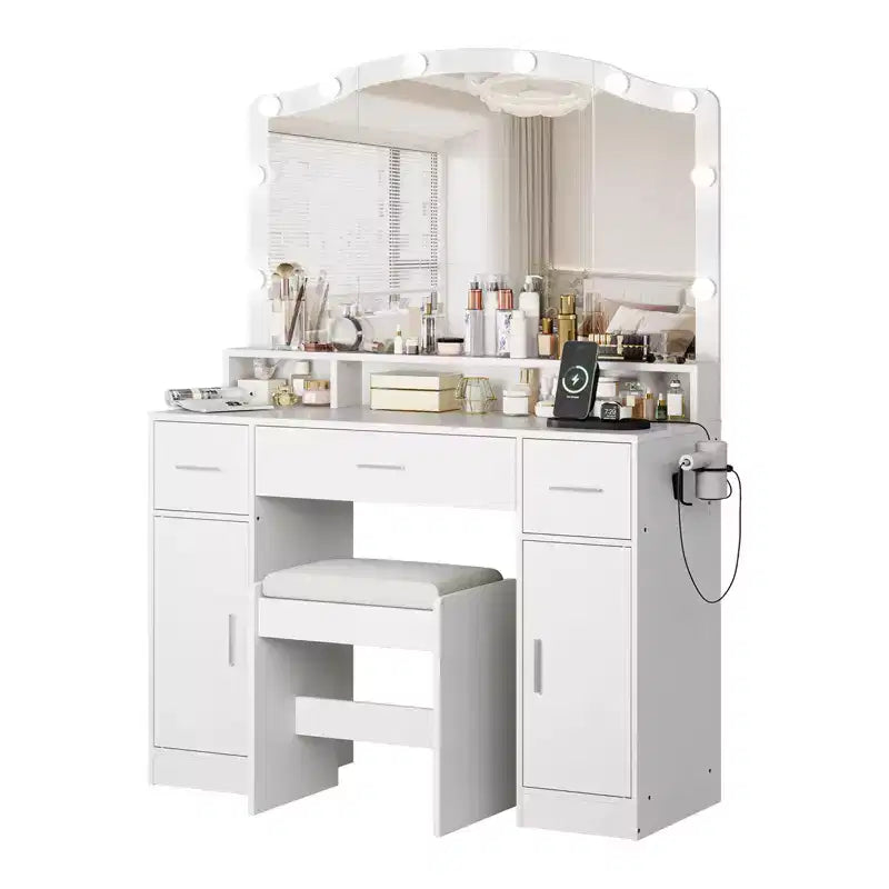 Coiffeuse COZONY avec miroir et lumières - Ensemble de coiffeuse avec tabouret, 3 tiroirs, placards et station de recharge