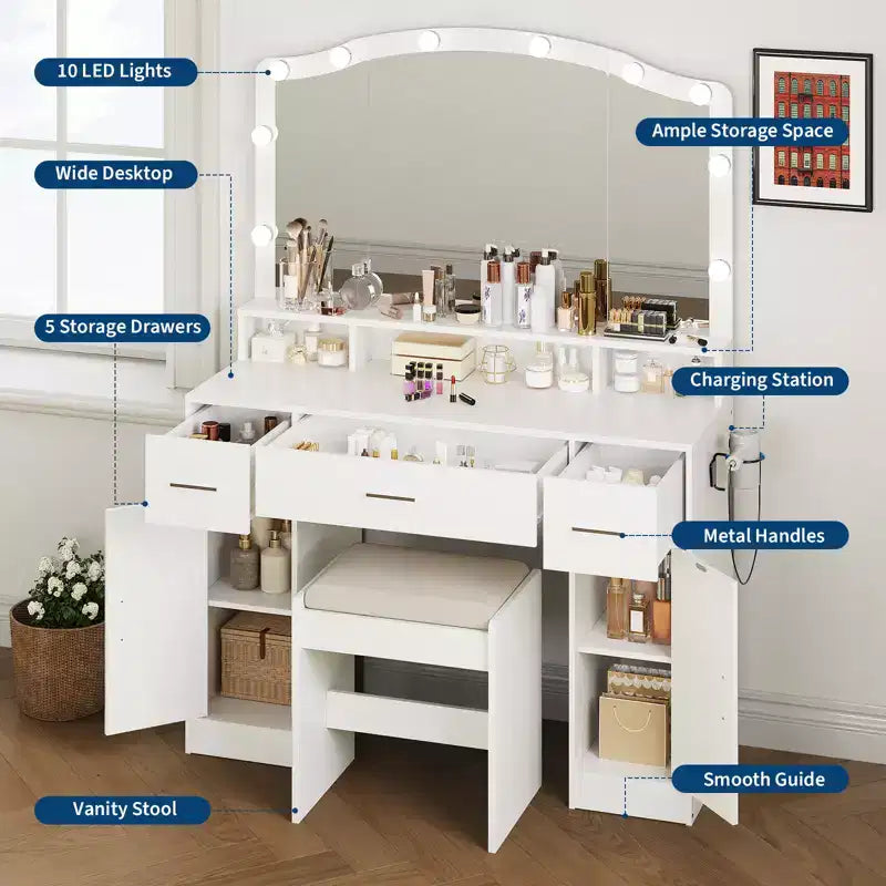 Coiffeuse COZONY avec miroir et lumières - Ensemble de coiffeuse avec tabouret, 3 tiroirs, placards et station de recharge