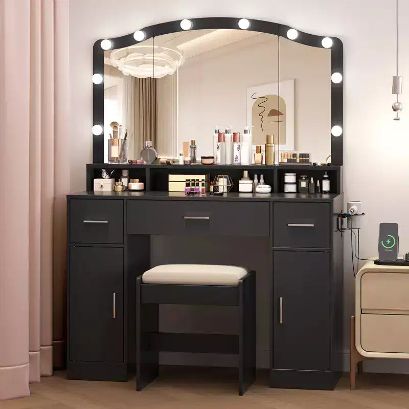 Coiffeuse COZONY avec miroir et lumières - Ensemble de coiffeuse avec tabouret, 3 tiroirs, placards et station de recharge