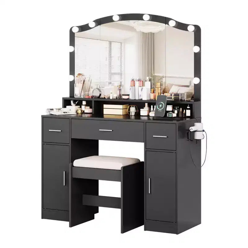 COZONY Vanity Desk with Mirror & Lights - Makeup Vanity Table Set with Stool, 3 Drawers, Cabinets & Charging Station