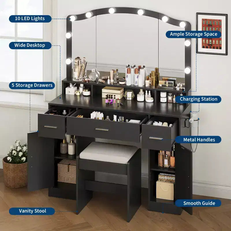 Coiffeuse COZONY avec miroir et lumières - Ensemble de coiffeuse avec tabouret, 3 tiroirs, placards et station de recharge