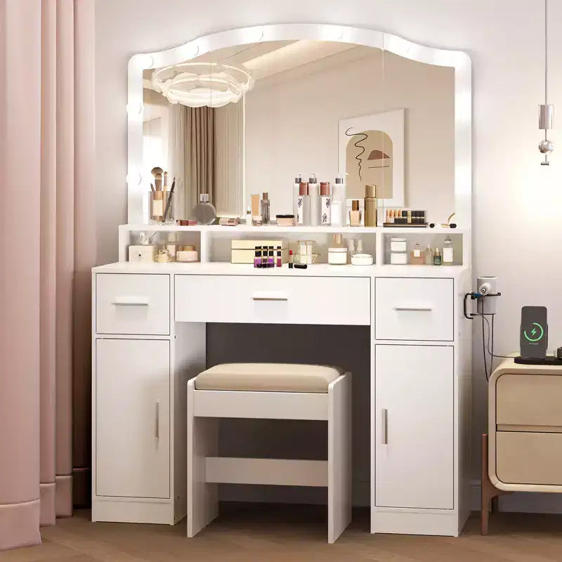 Coiffeuse COZONY avec miroir et lumières - Ensemble de coiffeuse avec tabouret, 3 tiroirs, placards et station de recharge